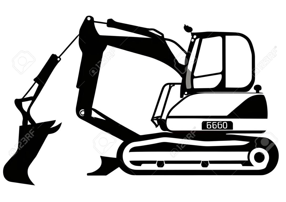 Compact excavator silhouette. Tracked mini excavator. Side view. Flat vector.