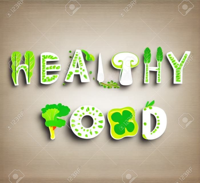 건강에 좋은 음식 글자. Healfy 음식 벡터 문자입니다. Healfy 흰색 배경에 고립 된 vegatables와 음식 글자. 텍스트 벡터 일러스트 레이 션. 건강 식품 야채 단어입니다. Vegeterian 음식입니다.