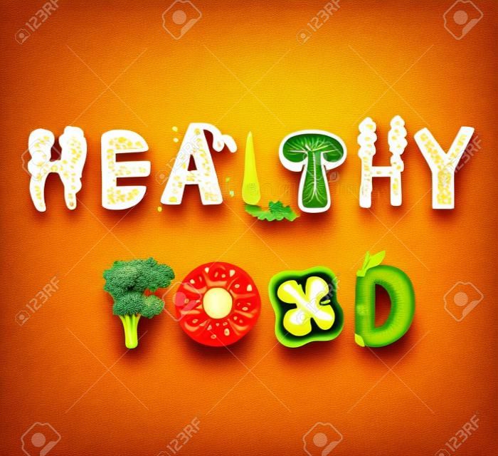 건강에 좋은 음식 글자. Healfy 음식 벡터 문자입니다. Healfy 흰색 배경에 고립 된 vegatables와 음식 글자. 텍스트 벡터 일러스트 레이 션. 건강 식품 야채 단어입니다. Vegeterian 음식입니다.