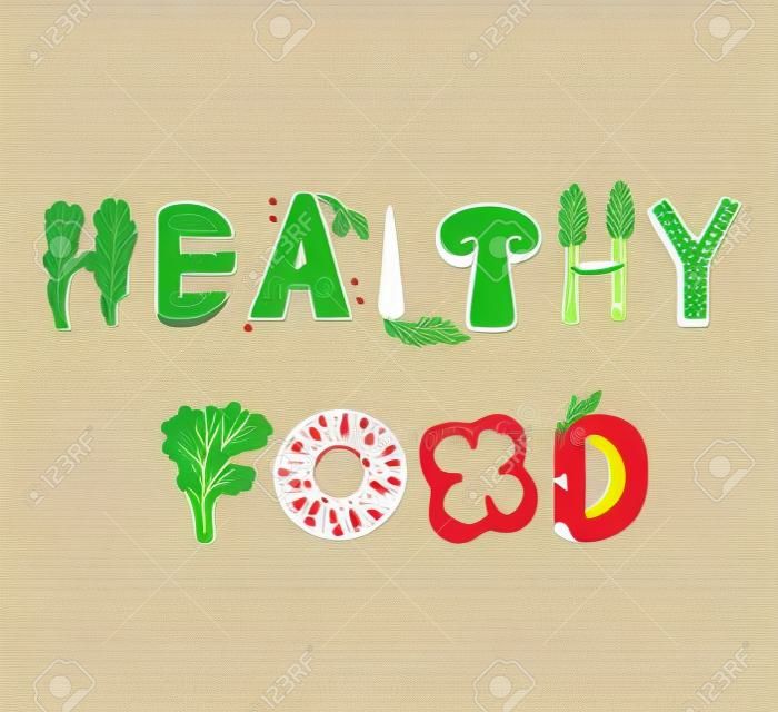 健康食品刻字。 healfy食品矢量信件。與白色背景上孤立的vegatables的粗體食品刻字。文本矢量圖。健康食品蔬菜字。蔬菜食品。