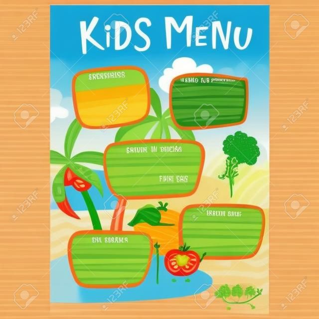 Menu pour enfants. Enfants mignons repas template vecteur meny avec des légumes de bande dessinée. Une alimentation saine pour les enfants. Enfants Meny dépliant avec îlot de mer et aborigine tomate, carotte, petits pois, le brocoli, la noix de coco. Menu design