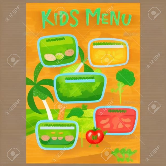 Dziecięce menu. Śliczne dzieci posiłek meny wektora szablon z kreskówek warzyw. Zdrowe jedzenie dla dziecka. Dzieci meny ulotka z morza wyspy i pomidorem Aborygen, marchew, groszek, brokuły, kokosa. projektowania menu
