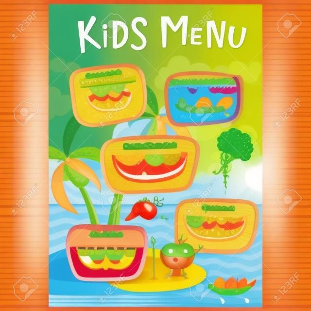 キッズ メニュー。かわいい子供たちの食事多くベクトル テンプレート漫画野菜。子供のための健康食品。海の島と原住民のトマト、人参、エンドウ豆、ブロッコリー、ココナッツと子供多くチラシ。メニューのデザイン