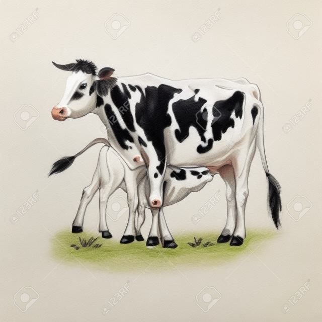 Vaca alimentando ternero boceto. La mamá y el bebé vaca. Ternero chupa la leche. La madre y el niño una ilustración de la vaca. mascota granja. Vacas lecheras. Dibujo becerro de alimentación. animales de granja lácteos