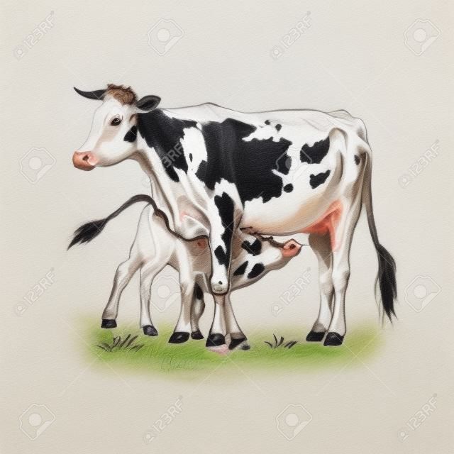 Mucca alimentazione del vitello schizzo. Mamma e bambino mucca. Vitello succhia il latte. Madre e un bambino illustrazione mucca. Pet Farm. bovini da latte. Disegno vacca vitello alimentazione. animali da allevamento da latte