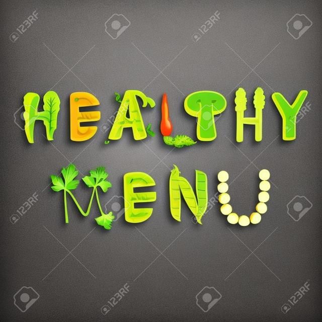 健康菜單蔬菜信。健康食品矢量信件。與白色背景隔絕的蔬菜的健康菜單刻字。文本矢量圖。健康菜單蔬菜字體。