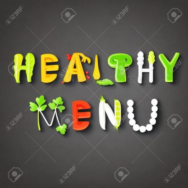 健康菜單蔬菜信。健康食品矢量信件。與白色背景隔絕的蔬菜的健康菜單刻字。文本矢量圖。健康菜單蔬菜字體。