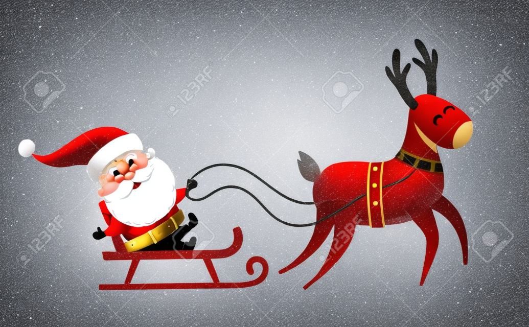 Santa Claus Christmas set. Santa Claus rides in a sleigh pulled by reindeer. Christmas character design. Santa Clause travel. Funny Father Frost