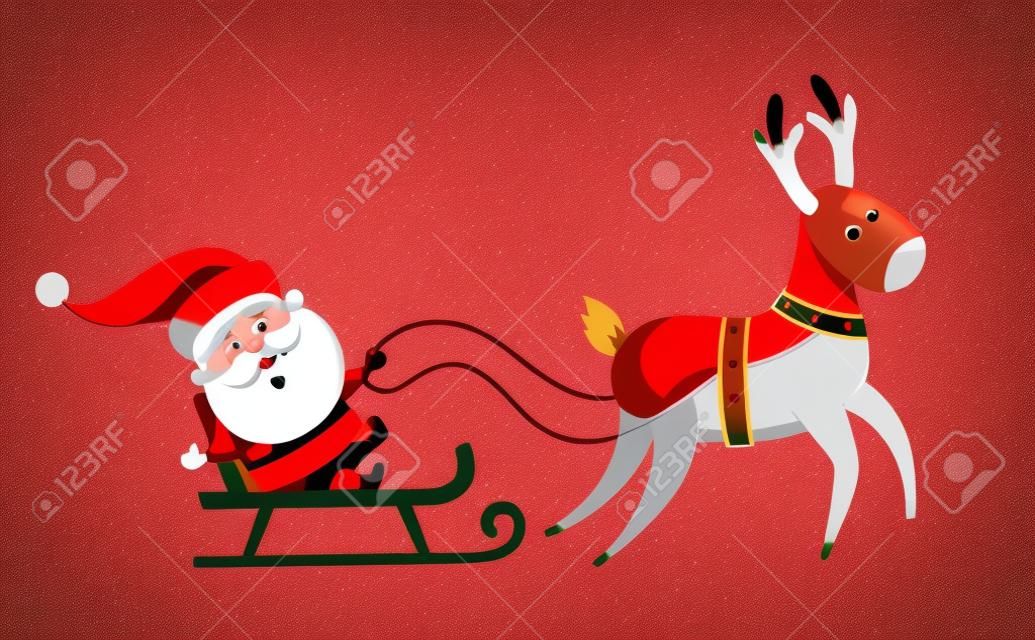 Santa Claus Christmas set. Santa Claus rides in a sleigh pulled by reindeer. Christmas character design. Santa Clause travel. Funny Father Frost