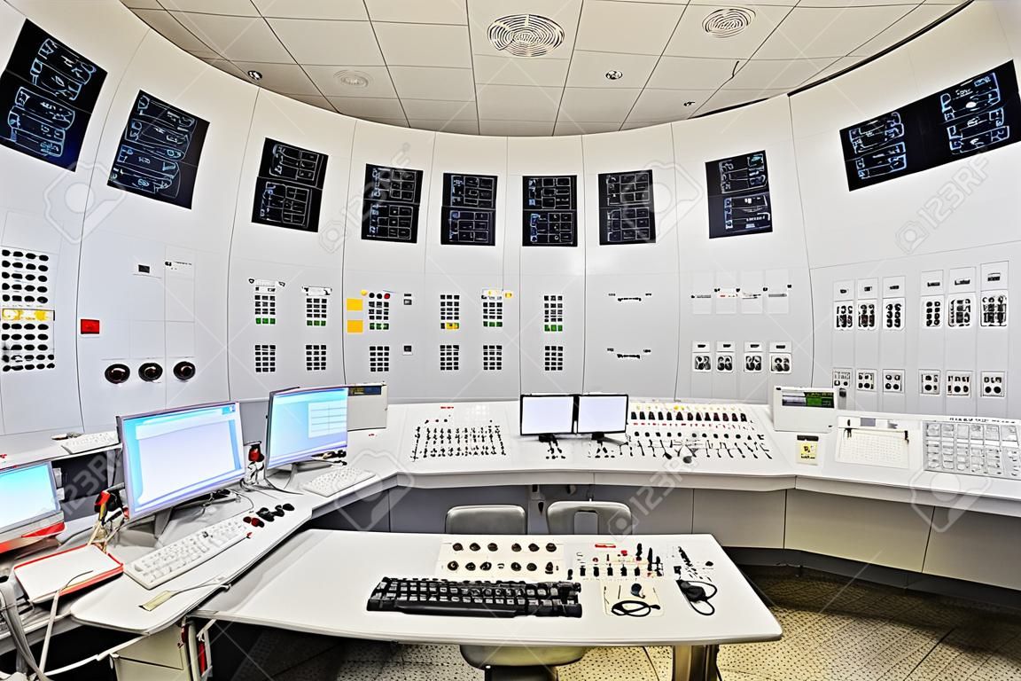 The central control room of nuclear power plant. Detail of the control panel pumping equipment.
