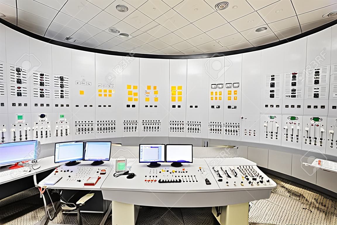 The central control room of nuclear power plant. Detail of the control panel pumping equipment.