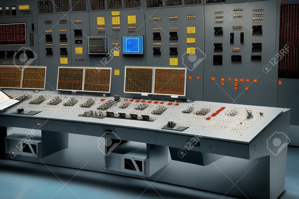 De centrale controlekamer van de kerncentrale. Fragment van het controlepaneel van de kernreactor.