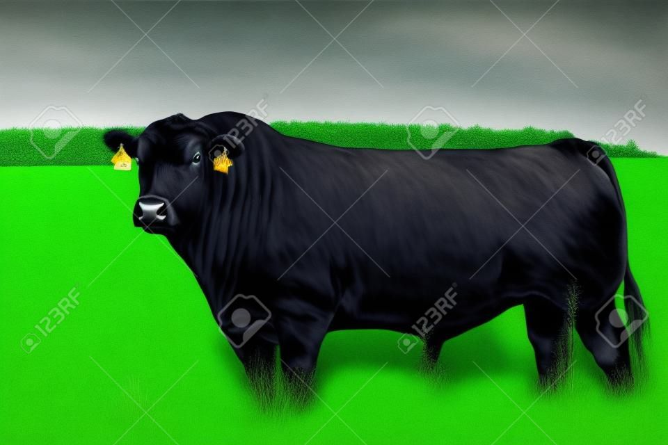 A black angus bull stands on a green grassy field.