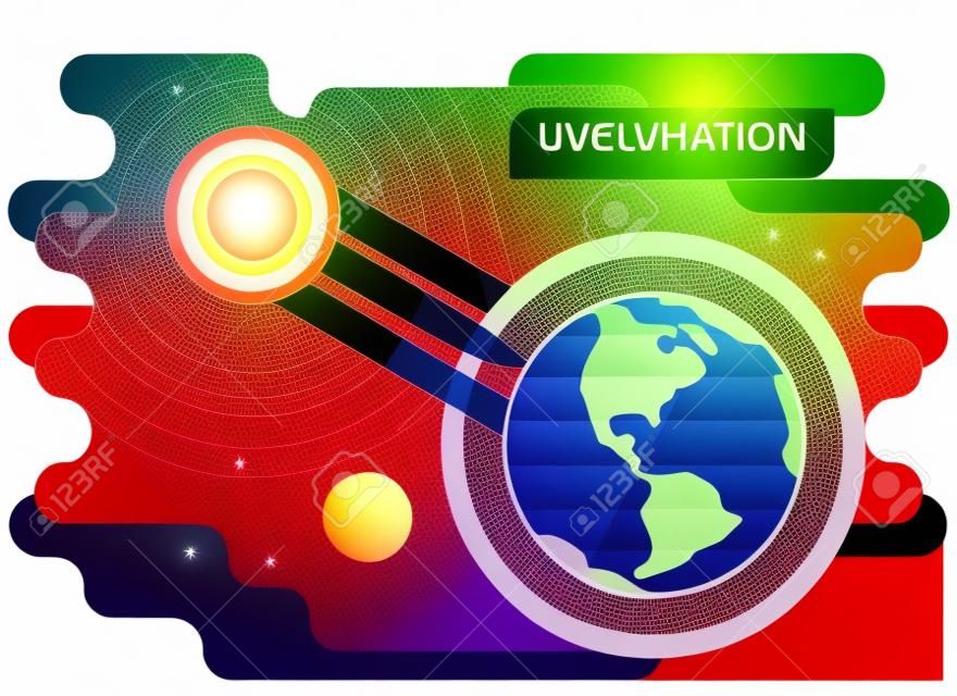 UV radiation diagram, graphic vector illustration with sun and planet earth.