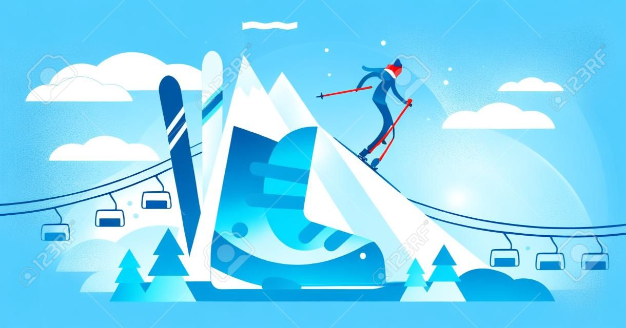 Illustration vectorielle de ski. Concept de personne d'athlète mini plat avec équipement de sport. Personnage avec équipement de slalom, freestyle ou compétition. Activité hivernale sur glace et neige. Mode de vie actif en plein air extrême