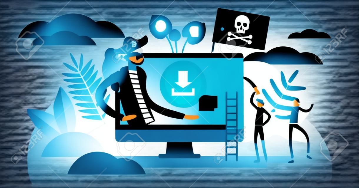 Online piracy vector illustration. Flat tiny illegal hackers persons concept. Internet thief, crime and fraud symbolic visualization. Cyberspace crime with file download and movies sharing.