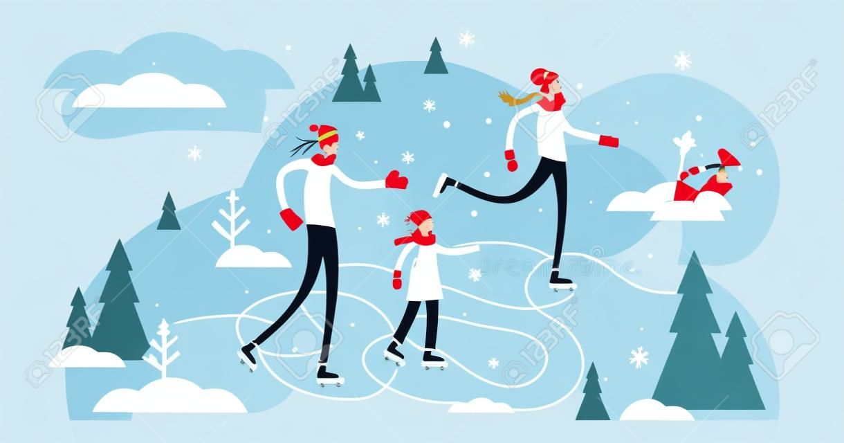 Ilustracja wektorowa rodziny na łyżwach. Koncepcja osób płaskie małe sporty zimowe. Rodzice z dziećmi razem na świeżym powietrzu na łyżwach. Wesoła para aktywny tryb życia i sezonowe wakacje.