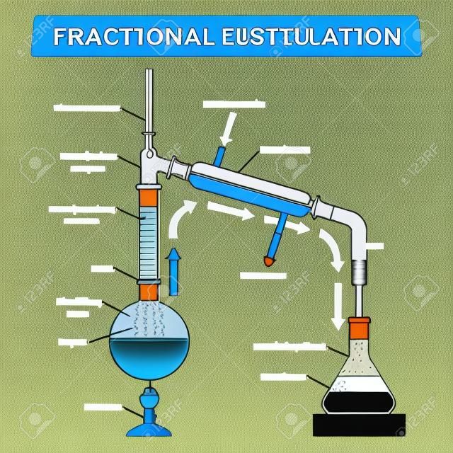 Illustrazione vettoriale di distillazione frazionata. Schema di processo di tecnologia educativa etichettato. Metodo fisico per separare la miscela in frazioni e liquido con apparecchiature a colonna di frazionamento e vapore.