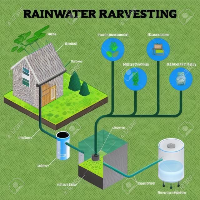 雨水収穫システム等角図、ホース屋根水流出、地下配管、フィルタリング、国内用タンク内の収集を備えたイラストスキーム。効率的で自然で緑。
