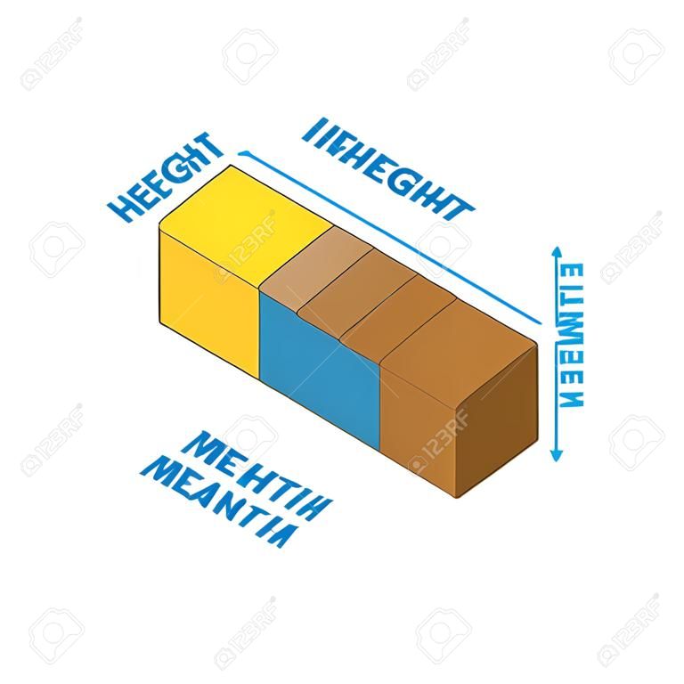 Length, width, height measurement example scheme vector illustration. 3D isometric box model block with proportional panes as guide for dimensions. Simple explanation info for metric system accuracy.