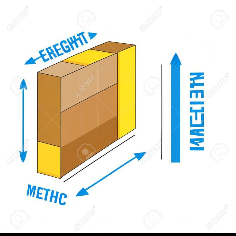Length, width, height measurement example scheme vector illustration. 3D isometric box model block with proportional panes as guide for dimensions. Simple explanation info for metric system accuracy.