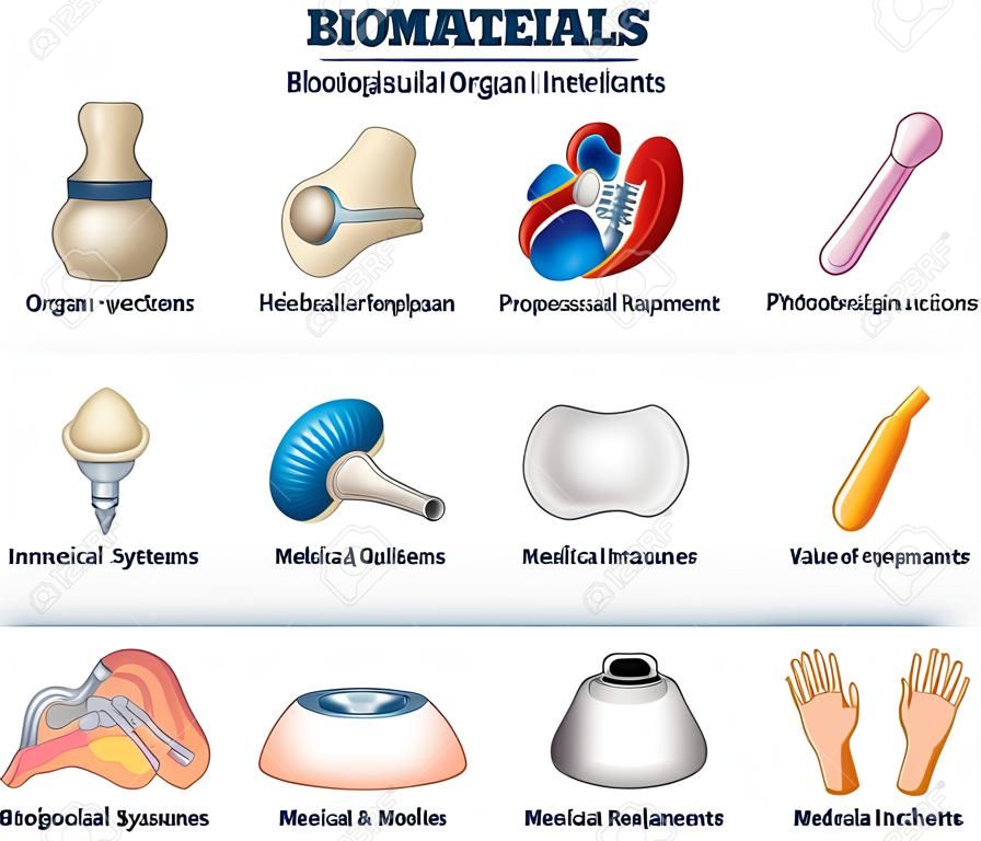 Illustrazione di vettore di biomateriali. Set di raccolta per la sostituzione dell'organo etichettato. Sostanza medica per l'interazione dei sistemi biologici nel settore sanitario. Tecnologia dei modelli di sostituzioni, valvole e impianti.