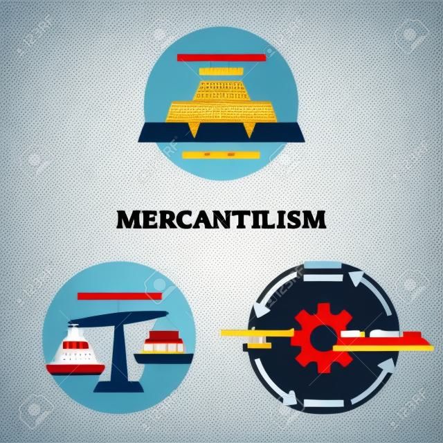 Mercantilism vector illustration. Labeled economic policy explanation scheme. Development market strategy with balance of trade to maximize exports and minimize imports. Manufactured goods consumption