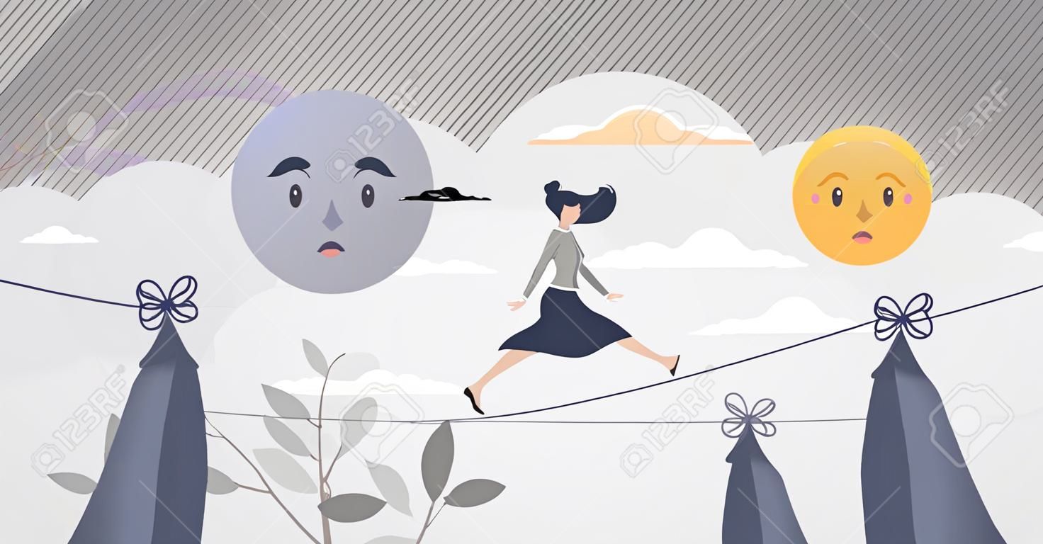 Emotional balance as good feeling choice over bad mood tiny person concept. Female on slackline as tight emotion control with unstable mental state vector illustration. Choose your face expression.