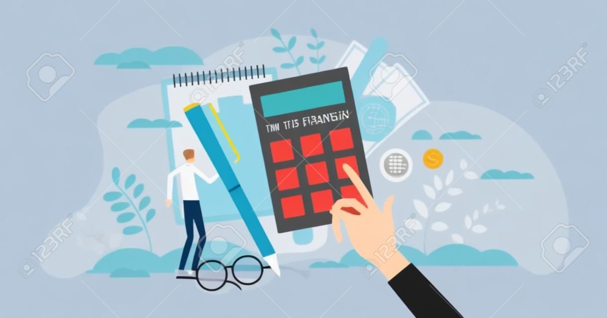 Estimation and financial calculation for budget planning tiny person concept