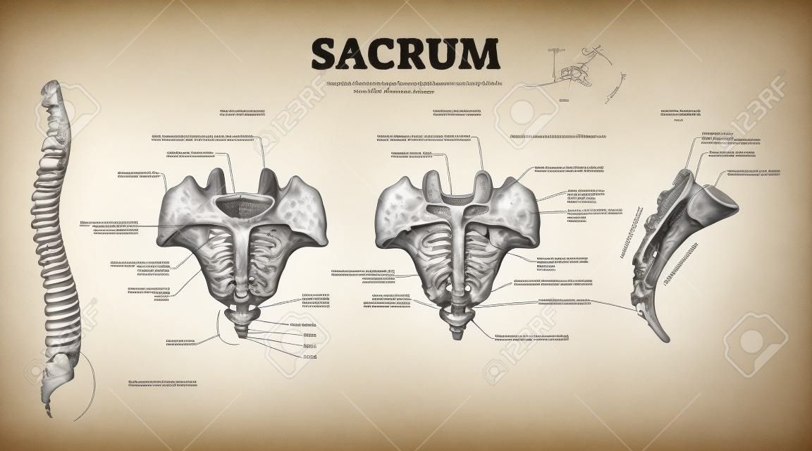 Sacrum as spinal bone structure anatomical description outline diagram