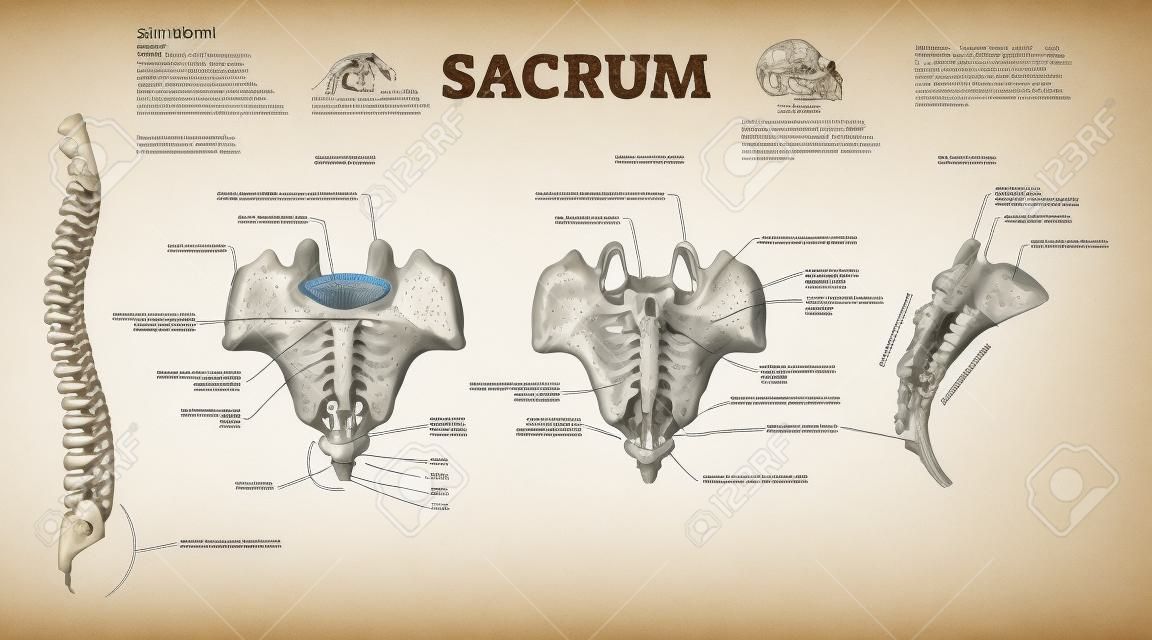 Sacrum as spinal bone structure anatomical description outline diagram