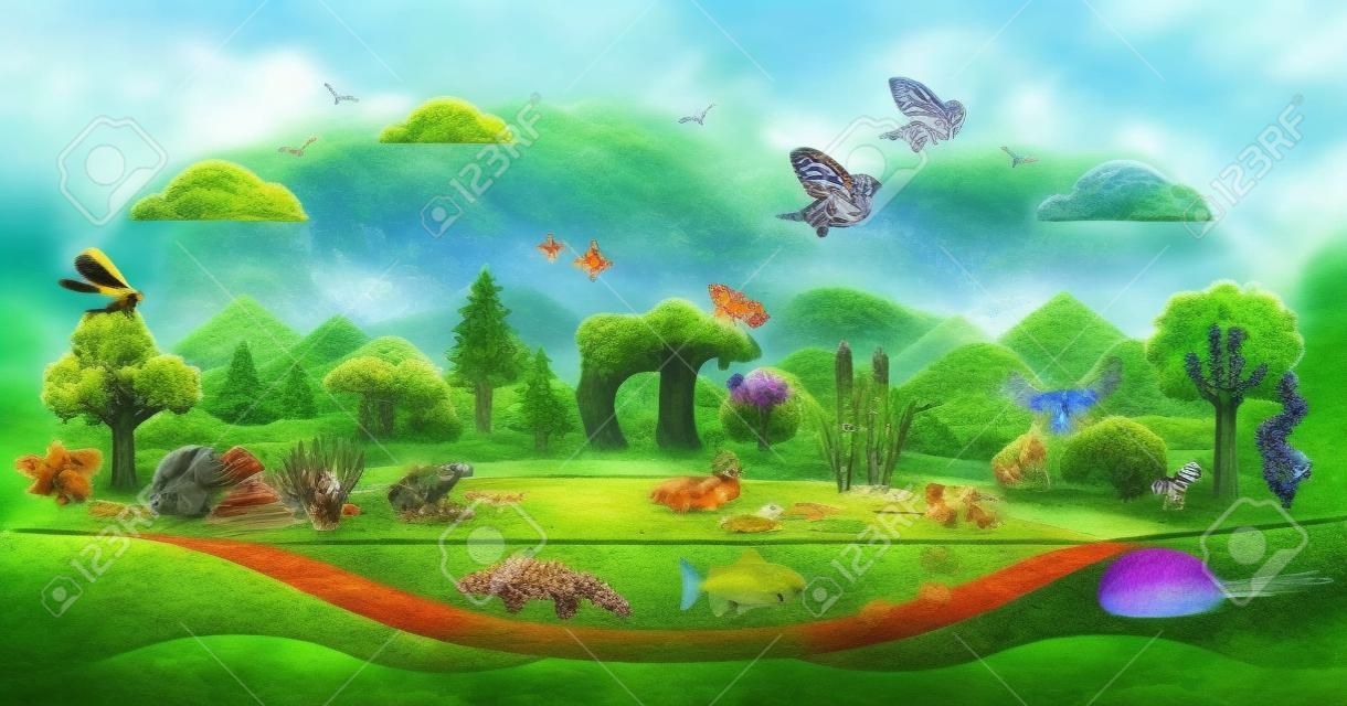 Ecosystem as nature habitat for living organisms and animals outline concept