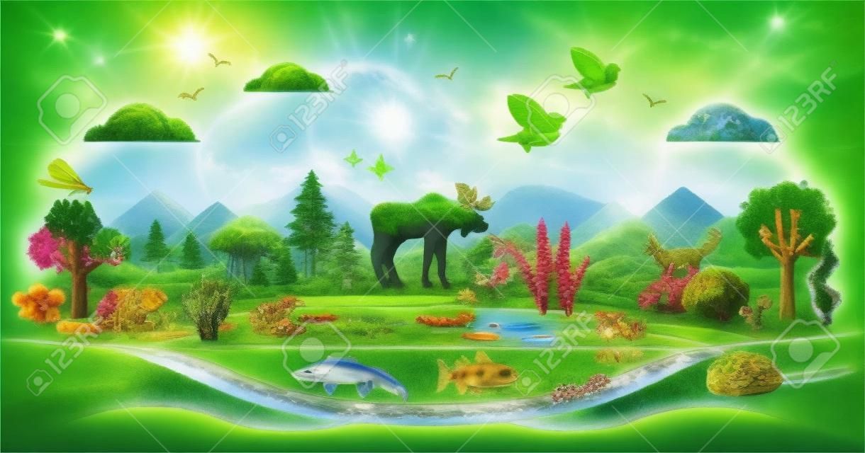 Ecosystem as nature habitat for living organisms and animals outline concept