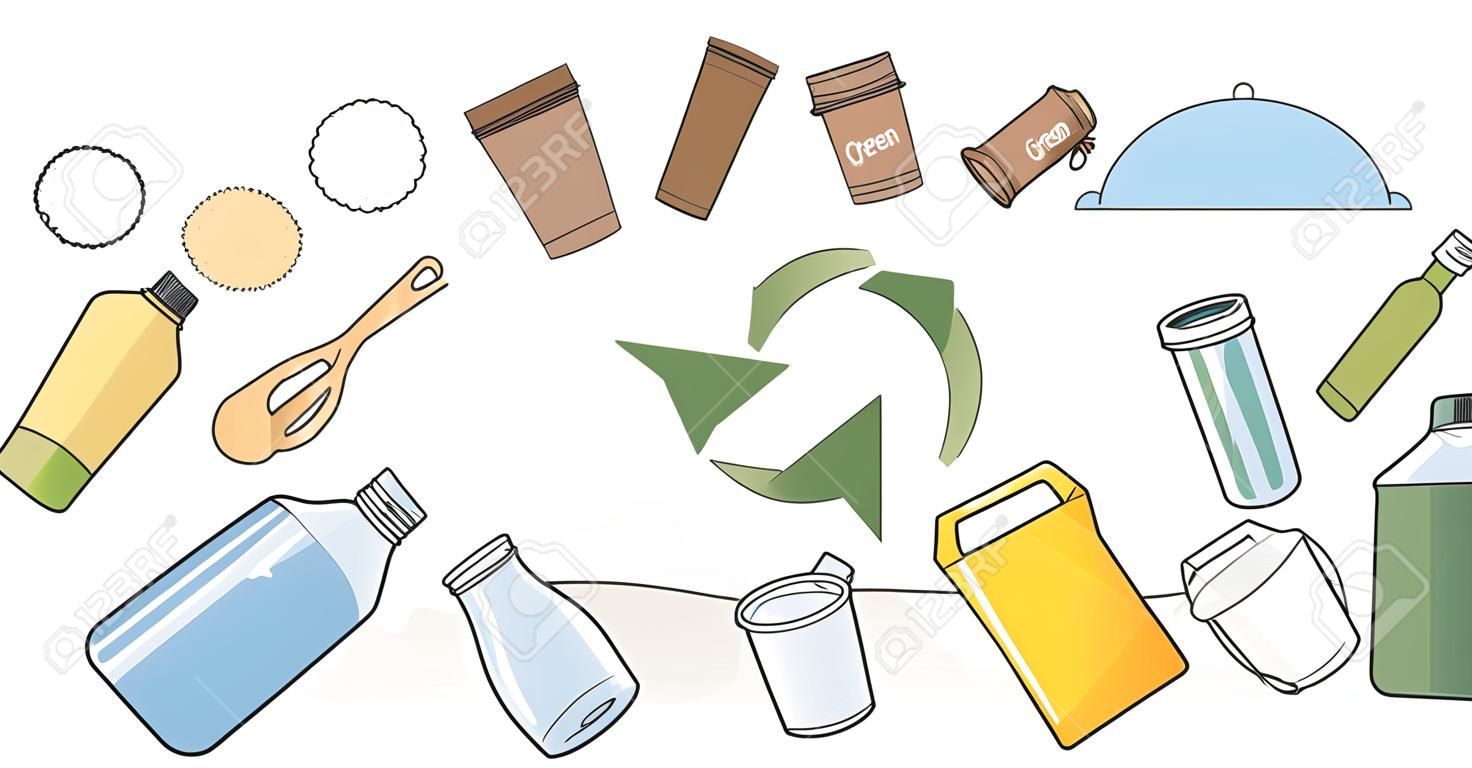 Envases ecológicos como concepto de esquema de reciclaje de envases de papel, vidrio o plástico. recipientes, bolsas, botellas y vasos orgánicos de un solo uso para la ilustración vectorial de consumo de recursos de productos sostenibles.