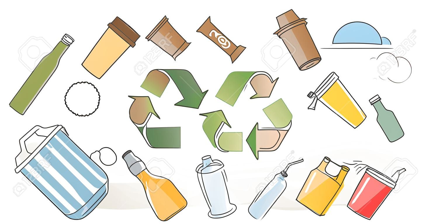 Envases ecológicos como concepto de esquema de reciclaje de envases de papel, vidrio o plástico. recipientes, bolsas, botellas y vasos orgánicos de un solo uso para la ilustración vectorial de consumo de recursos de productos sostenibles.