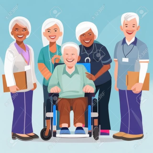 Portraits of smiling aged man in wheelchair and caregivers