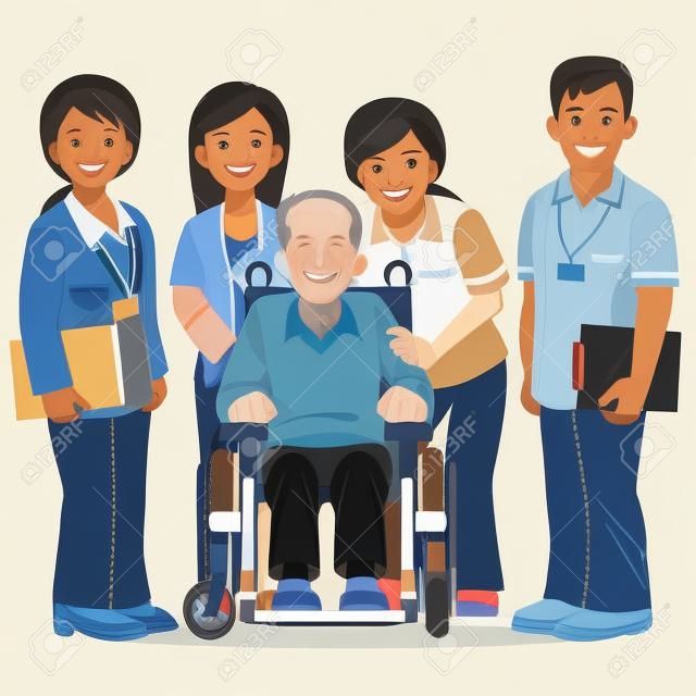 Portraits of smiling aged man in wheelchair and caregivers