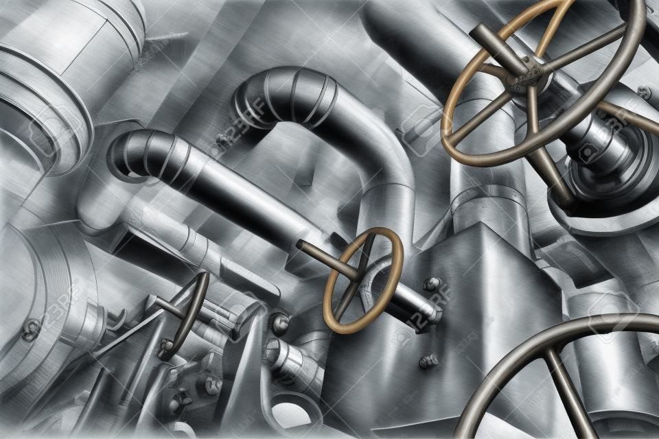 Sketch van leidingen ontwerp gemengd met industriële apparatuur foto