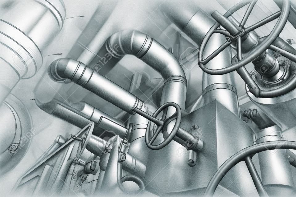 Sketch van leidingen ontwerp gemengd met industriële apparatuur foto