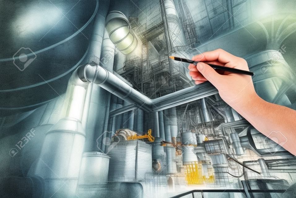 남자의 손은 현대 산업 발전소의 사진과 함께 공장의 설계를 그립니다