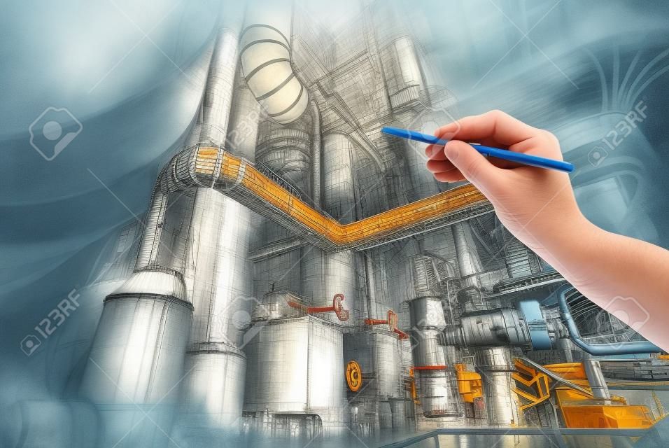 la main de l'homme dessine une conception de l'usine combinée avec une photo d'une centrale électrique industrielle moderne