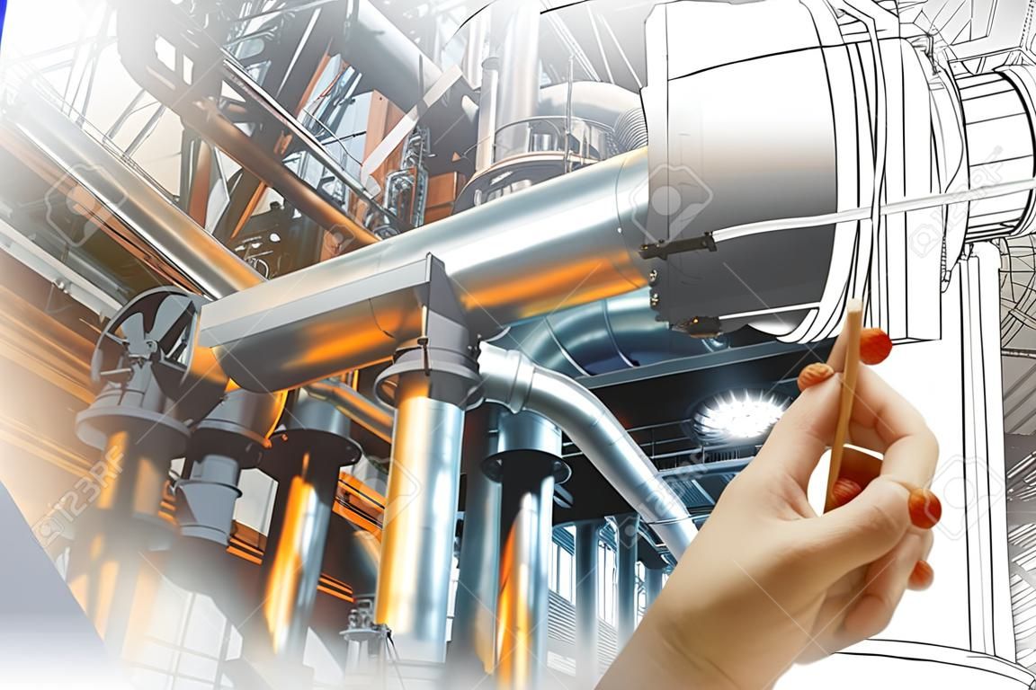 Рука человека рисует дизайн завода в сочетании с фотографией современной промышленной электростанции