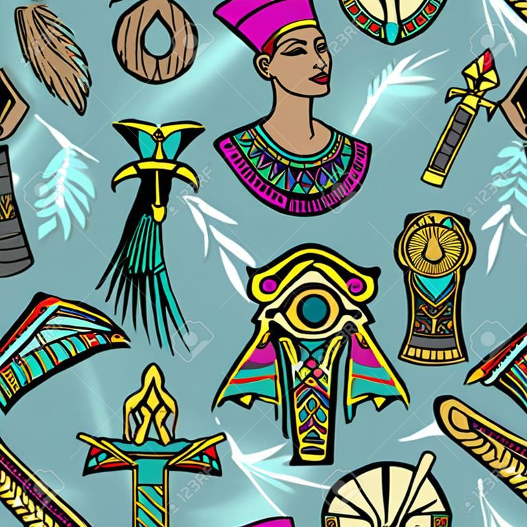 Patrón de arte del antiguo Egipto. Tatuaje flash clásico, parches y pegatinas. Patrón sin fisuras del antiguo Egipto, tatuaje de la vieja escuela. Ankh, ojo Ra, Nefertiti, gato