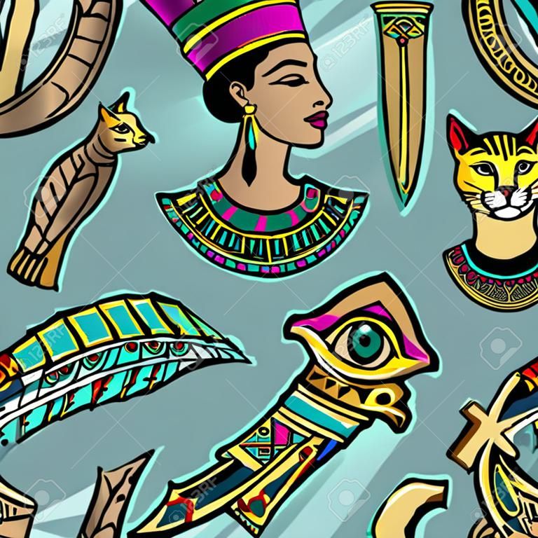 Modello di arte dell'antico Egitto. Tatuaggio flash classico, patch e adesivi. Modello senza cuciture dell'antico Egitto, tatuaggio della vecchia scuola. Ankh, occhio Ra, Nefertiti, cat