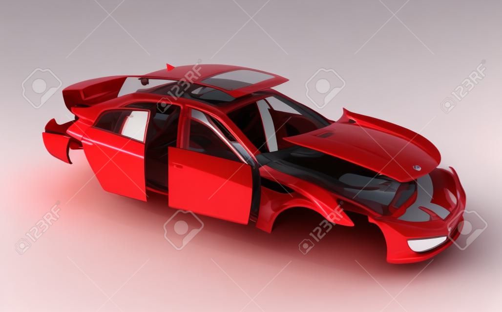 concepto de coche pintado de cuerpo rojo y piezas imprimadas cerca aisladas sobre fondo blanco 3d