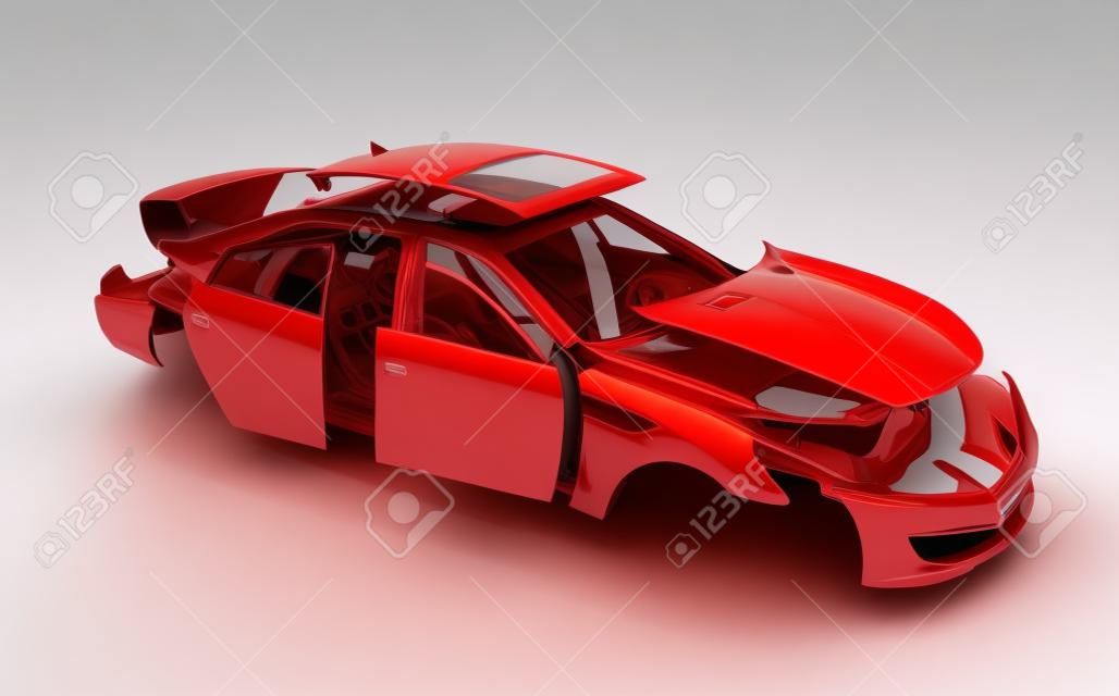 concepto de coche pintado de cuerpo rojo y piezas imprimadas cerca aisladas sobre fondo blanco 3d