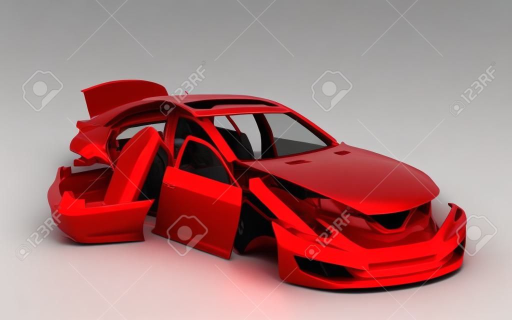 概念車漆成紅色的身體和塗上底漆的零件，在白色背景上孤立3d渲染