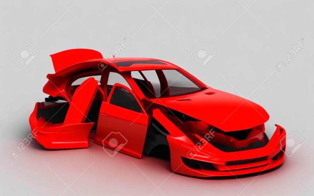 concept auto geschilderde rode body en voorbereide onderdelen in de buurt geïsoleerd op witte achtergrond 3d render