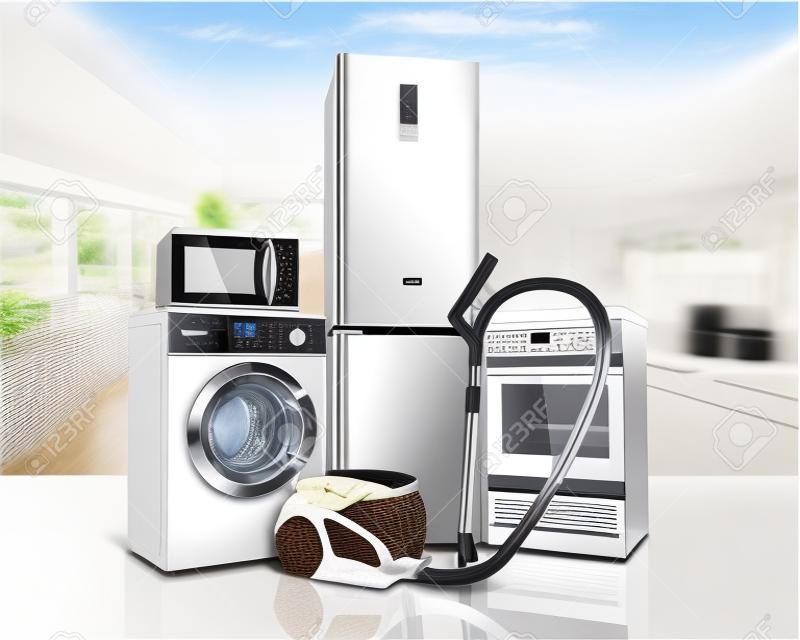 白色的冰箱、洗衣机、炉、微波炉、烤箱、吸尘器在玻璃弗洛尔背景3D家电集团