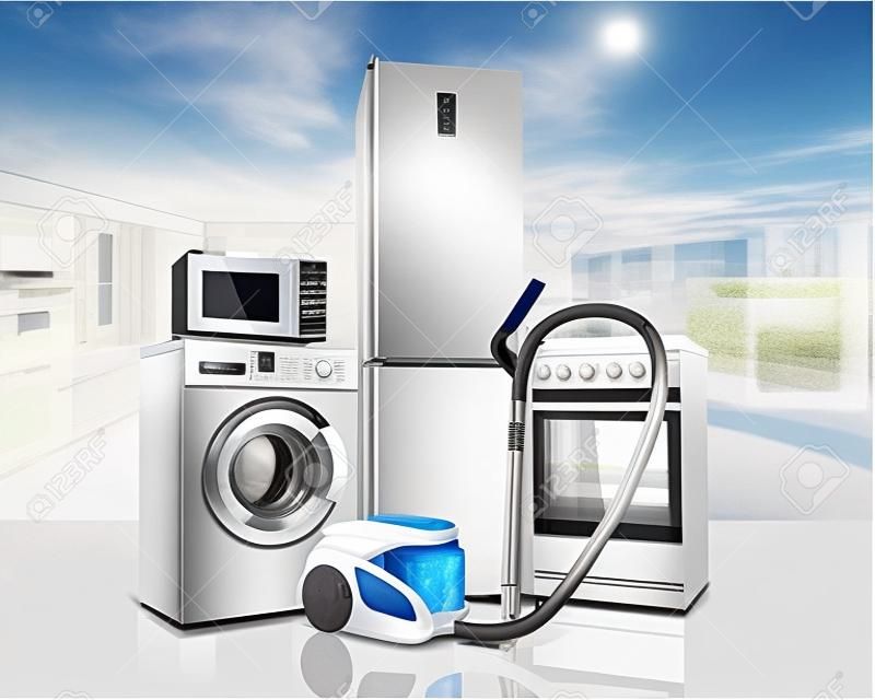 Huishoudelijke apparaten Groep van witte koelkast wasmachine fornuis magnetron oven stofzuiger op glas flor achtergrond 3d